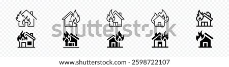 Fire Hazard Icon – House Engulfed in Flames, home fire symbol icon, fire line icon house building flames
