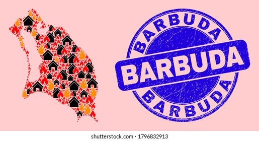 Fire hazard and property collage Barbuda Island map and Barbuda rubber stamp. Vector collage Barbuda Island map is constructed from random burning homes.