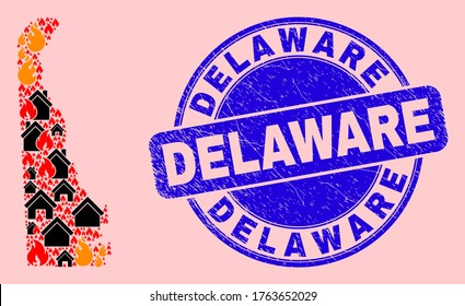 Brandgefahr- und Eigentumskollektion Delaware State Map und Delaware gekratztes Wasserzeichen. Vektor Collage Delaware State Map besteht aus zufälligen brennenden Häusern.
