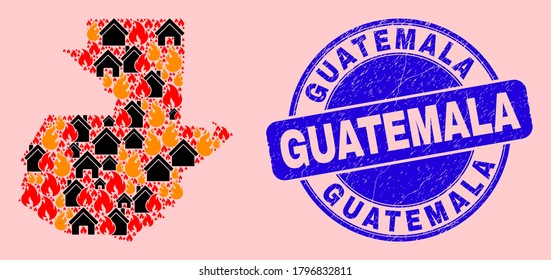 Fire hazard and property collage Guatemala map and Guatemala scratched stamp seal. Vector collage Guatemala map is composed from scattered burning villages.
