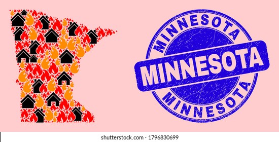 Fire hazard and property collage Minnesota State map and Minnesota unclean stamp imitation. Vector collage Minnesota State map is composed of randomized burning cities.