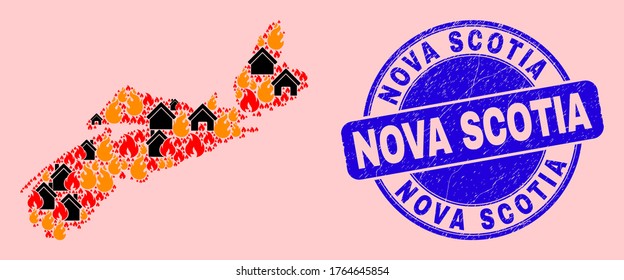 Fire hazard and property collage Nova Scotia Province map and Nova Scotia textured stamp seal. Vector collage Nova Scotia Province map is formed with randomized burning homes.