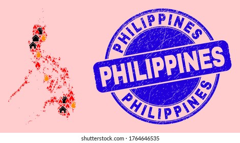 Fire hazard and property collage Philippines map and Philippines unclean stamp print. Vector collage Philippines map is composed from scattered burning houses.