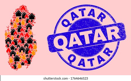 Brandgefahr und Immobilienkollektion Katar Karte und Katar Gummistempel Imitation. Vektorgrafik-Katar-Karte wird aus randomisierten brennenden Städten erstellt. Die Katar-Kartencollage wird für Revolt-Poster gebildet.