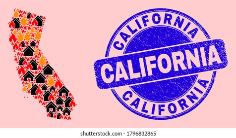 Fire hazard and property combination California State map and California corroded stamp. Vector collage California State map is formed with scattered burning villages.