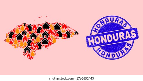 Brandgefahr und Eigentumszusammensetzung Honduras Karte und Honduras unlean Stempelsiegel. Die Honduras-Karte der Vektorgrafik besteht aus randomisierten brennenden Dörfern.