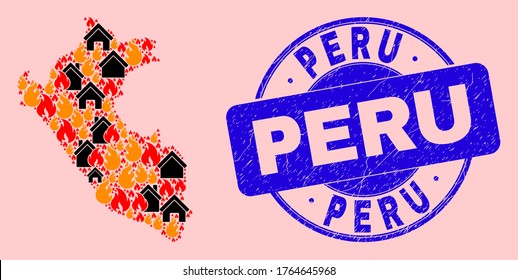 Brandgefahr und Realitätssammlung Peru Karte und Peru schmutziges Wasserzeichen. Die Vektorgrafik Peru-Karte ist organisiert von verstreuten brennenden Dörfern. Für Brandschutzvorlagen wird eine Peru-Kartencollage gebildet.