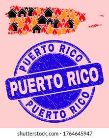 Fire hazard and realty collage Puerto Rico map and Puerto Rico corroded stamp print. Vector collage Puerto Rico map is done of randomized burning houses.