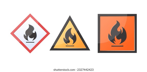 Señales de peligro de incendio. Advertencia de símbolos altamente inflamables con iconos de llama. Ilustración vectorial aislada en un fondo blanco.