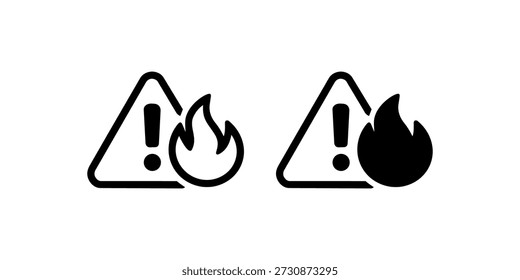 Símbolos de peligro de incendio: signos de exclamación y llamas en iconos de advertencia en blanco y negro.