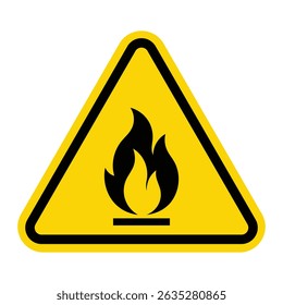 Fire hazard warning sign vector illustration. Flammable material danger symbol, safety alert icon, yellow triangle with black flame, isolated on white background.