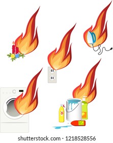 Fire hazards in a house, set of EPS 8 vector icons