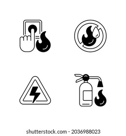 Fire Hazards Instructions Black Linear Icons Set. Alarm Button. Use No Water. Fire Extinguisher. High Voltage Label. Danger Regulation. Glyph Contour Symbols. Vector Isolated Outline Illustrations