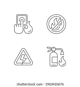 Fire hazards instructions linear icons set. Alarm button. Use no water. Fire extinguisher. Customizable thin line contour symbols. Isolated vector outline illustrations. Editable stroke