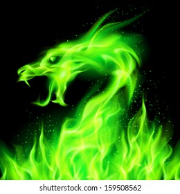 Fire head of dragon in green on black background. 