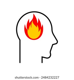 Fire in head Icon. Sign of an incendiary person. Thinks with fire symbol. Flame in my head