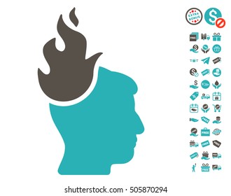 Fire Head pictograph with free bonus pictures. Vector illustration style is flat iconic symbols, grey and cyan colors, white background.