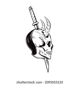 Fire head skull and sword illustration sketch for drawing