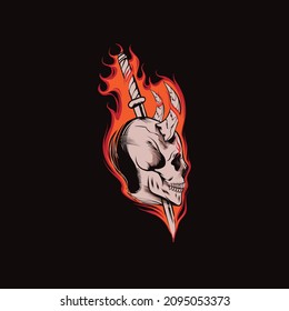 fire head skull and sword illustration for t-shirt design and print
