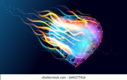 Fire heart. Abstract polygonal wireframe mesh art with crumbled edge on blue and red night sky with dots, stars and looks like constellation. 