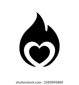 Fire Heart Black Icon Vector Flat Design Concept. Fiery Love, Romantic Flame Symbol Flat Icon on White Background.	