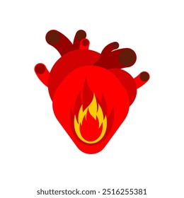Feuer im Herzen. Flamme in einem anatomischen Herzen. Konzept brennendes Herz Symbol der Hoffnung