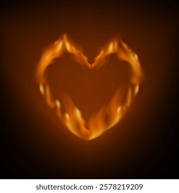 Fire Heart Flame vector Isolated on black background. Love bright flamy symbol. Realistic inferno 3D orange fiery objects, glowing flare. Valentine's Day background of heart shape