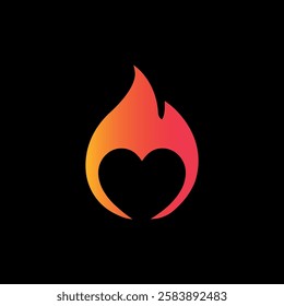 Fire Heart Gradient Icon Vector Design Concept. Fiery Love, Flame Symbol Flat Icon on Black Background.