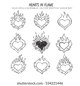 fire heart hand drawn doodles, vector logos