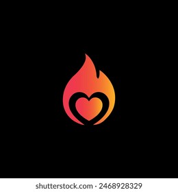 Fire Heart Icon with Gradient Vector Design Concept. Fiery Love, Flame Symbol Flat Icon on Black Background.