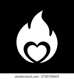 Fire Heart Icon Vector Design Concept. Fiery Love, White Flame Symbol Flat Icon Inversion on Black Background.