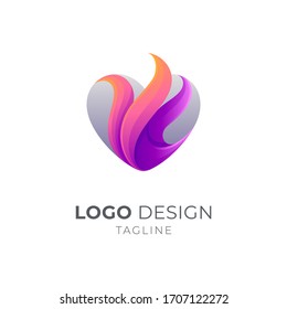 Fire heart logo, Passionate love vector, 3d gradient color logo style