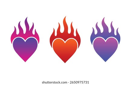 Fire Heart Love Flame, flaming hearts with vibrant color gradients, Tattoo T-Shirt Graphic Elements.