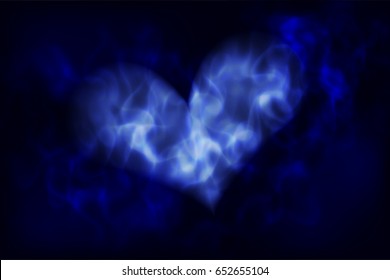 Fire heart on black background. Vector illustration of blue smoke heart shape.