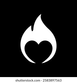 Fire Heart White Icon Vector Flat Design Concept. Fiery Love Logo Symbol, Flame Symbol Flat Icon on Black Background.