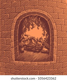 Fire in the hearth. Hand drawn engraving. Vector vintage illustration. 8 EPS