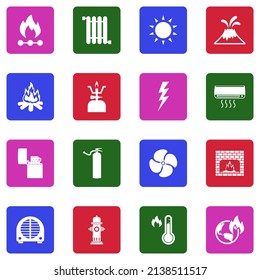 Fire And Heat Icons. White Flat Collection In Square. Vector Illustration.