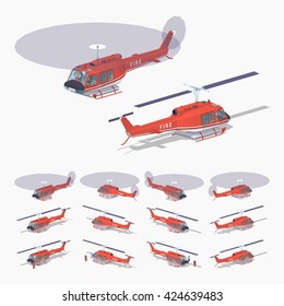 Fire helicopter. 3D lowpoly isometric vector illustration. The set of objects isolated against the white background and shown from different sides