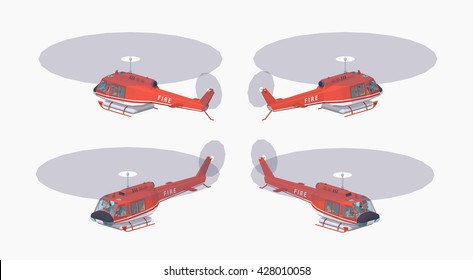 Fire helicopter. 3D lowpoly isometric vector illustration. The set of objects isolated against the white background and shown from different sides
