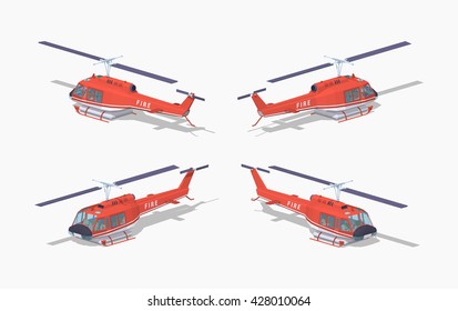 Fire helicopter. 3D lowpoly isometric vector illustration. The set of objects isolated against the white background and shown from different sides