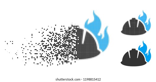 Fire helmet icon in dissolved, pixelated halftone and undamaged solid versions. Points are arranged into vector disappearing fire helmet icon. Disintegration effect uses rectangle particles.