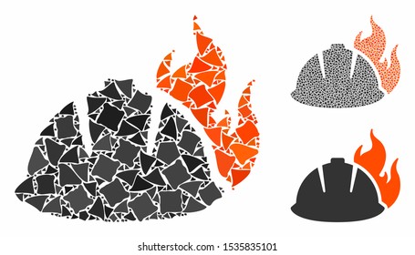 Fire helmet mosaic of unequal items in variable sizes and color hues, based on fire helmet icon. Vector bumpy items are organized into mosaic. Fire helmet icons collage with dotted pattern.