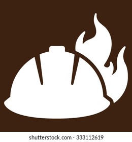 Fire Helmet vector icon. Style is flat symbol, white color, rounded angles, brown background.