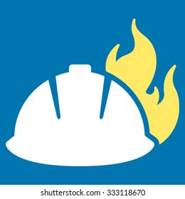 Fire Helmet vector icon. Style is bicolor flat symbol, yellow and white colors, rounded angles, blue background.