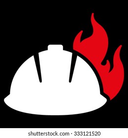 Fire Helmet vector icon. Style is bicolor flat symbol, red and white colors, rounded angles, black background.