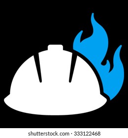 Fire Helmet vector icon. Style is bicolor flat symbol, blue and white colors, rounded angles, black background.