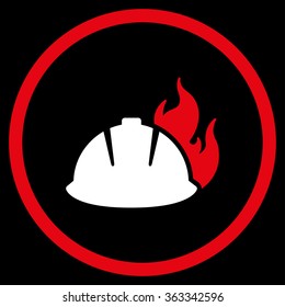 Fire Helmet vector icon. Style is bicolor flat circled symbol, red and white colors, rounded angles, black background.