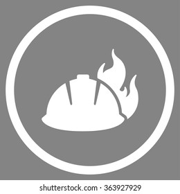 Fire Helmet vector icon. Style is flat circled symbol, white color, rounded angles, gray background.