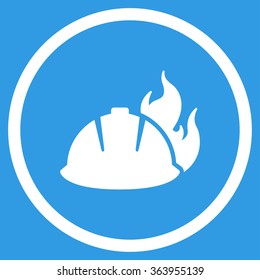 Fire Helmet vector icon. Style is flat circled symbol, white color, rounded angles, blue background.