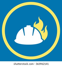 Fire Helmet vector icon. Style is bicolor flat circled symbol, yellow and white colors, rounded angles, blue background.